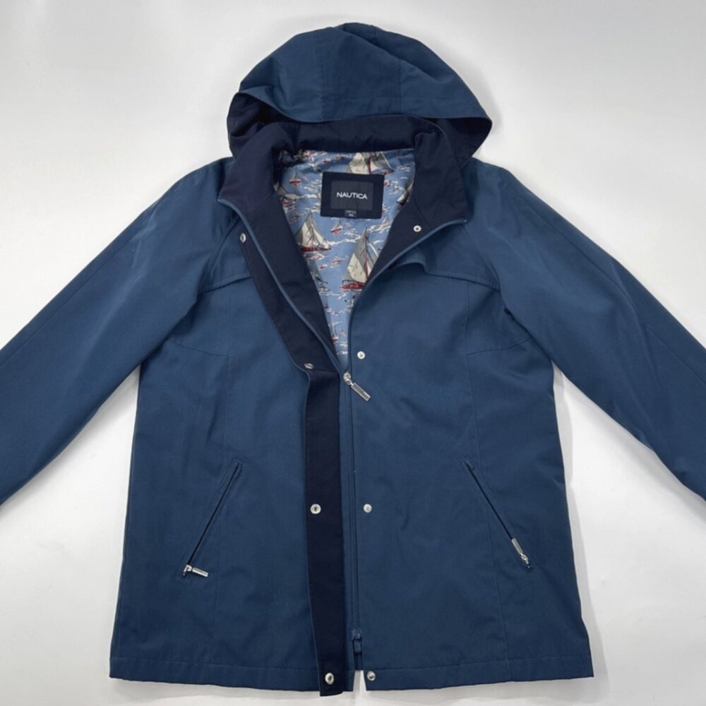 Nautica Womens Rain Jacket Large Hooded Coat Sailboats Lined Full Zip Pockets
